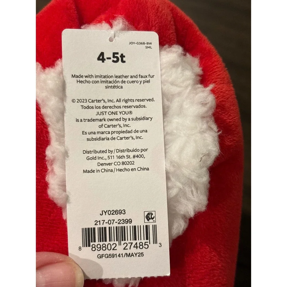 Carters Just One You Kids Santa Claus Red Plush Slippers 4-5T JY02693